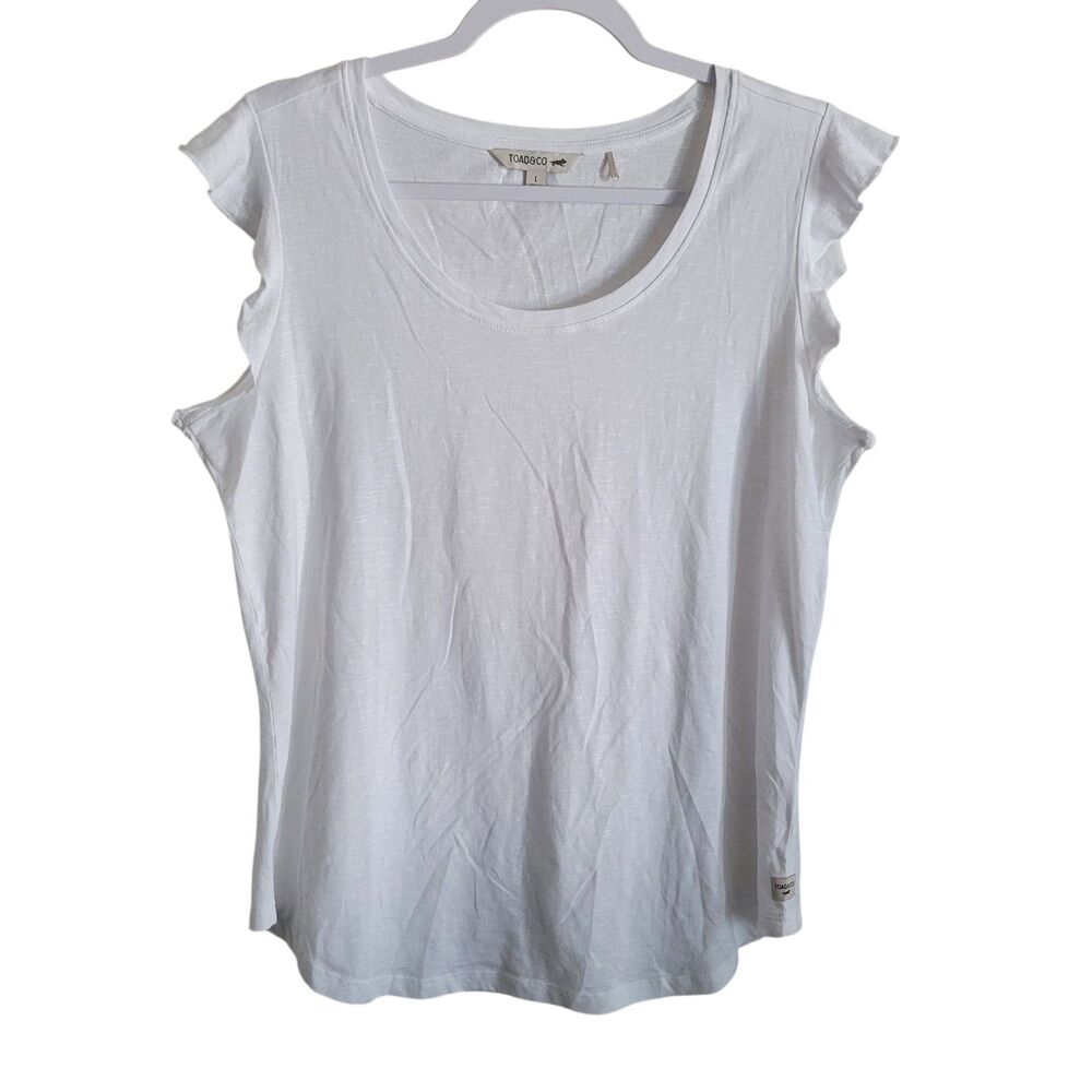 Toad & Co Rufflita II Tee Shirt Women's Large White Ruffle Sleeve Sustainable